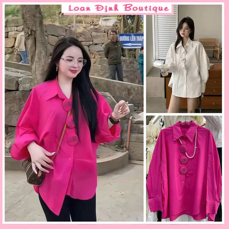 [ KÈM CHARM CÚC ÁO ] Áo Sơ Mi Hồng Khuy Lớn In Chữ Form Thụng Thiết Kế Hiện Đại Cá tính By Loan Định - Nữ Top