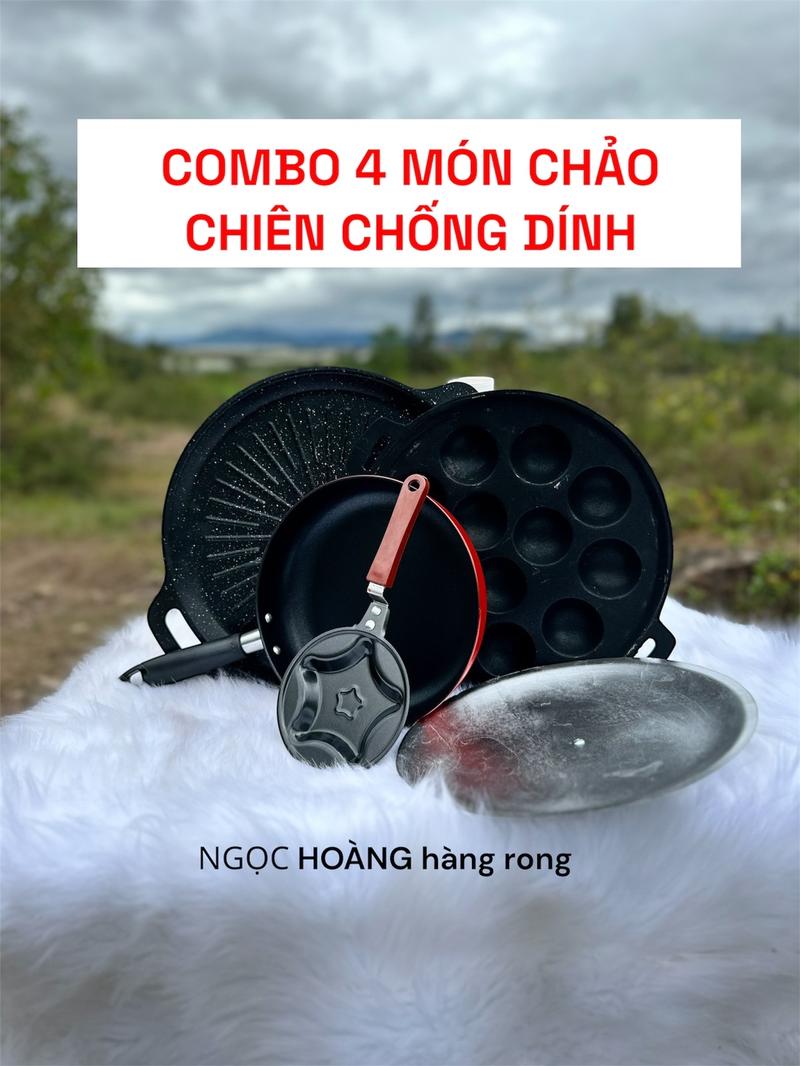 Product Introduction of ( COMBO 4 MÓN CHẢO ) 1 chảo nướng thịt chống dính 34cm - 1 chảo khuôn bánh thọt 12 cái - 1 chảo chiên chống dính 22cm - 1 chảo nhỏ chiên chống dính ốp la 7