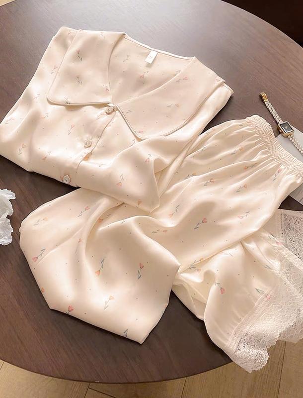 Bộ Pijama mặc nhà quần Dài áo cộc nữ Họa Tiết lụa tơ tằm cao cấp S01 0
