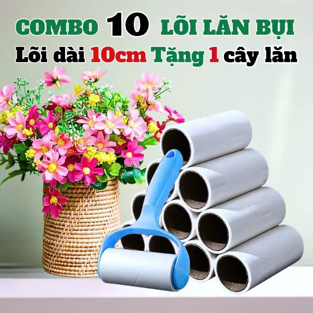 Lăn bụi COMBO 10 lõi kèm 1 cây lăn, Lõi lăn bụi có 3 KÍCH THƯỚC 10cm, 16 cm và 24cm LOẠI DÀY 55 LỚP KEO dùng để phủi bụi quần áo , bụi trong ôtô trên ghế sofa , trên chăn ga gối nệm giường ngủ tiện ích
