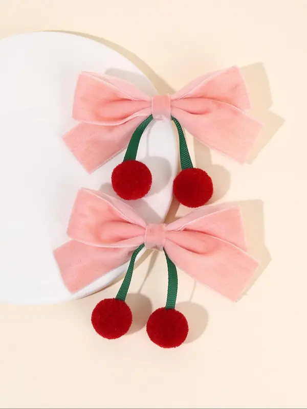 Cute Cherry Decor Hair Bows, Velvet Bowknot Hair Clips, Fashionable Hair Accessories for Girls, Minimalist Headwear Suitable for Thick Hair 3