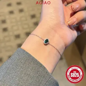 AGIAO Gelang Zircon Oval Hijau Zamrud 5A Gaya Korea Gelang Tipis Wanita