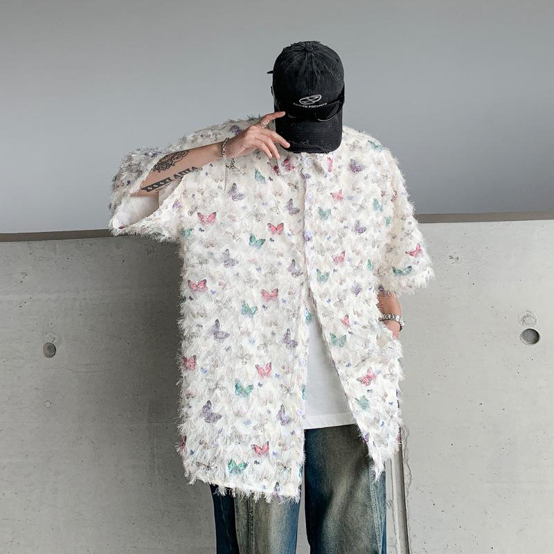 Product Introduction of Summer Design Butterfly Three-Dimensional Tassel Shirt Short Sleeve Men's Niche Vintage Shirt Coat Fashion Brand Couple's Tops 10