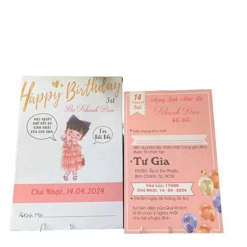 Combo 100 thiệp sinh nhật, thôi nôi, đầy tháng cho bé gái chibi váy hồng 2024 - Thiệp in đầy đủ nội dung