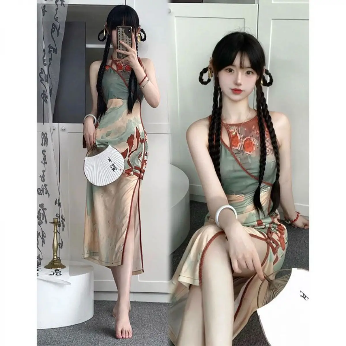 Fashionable, elegant, retro oil painting, new Chinese style, improved cheongsam, high-end, sexy, slit, slim fit, hip hugging, suspender dress, summer