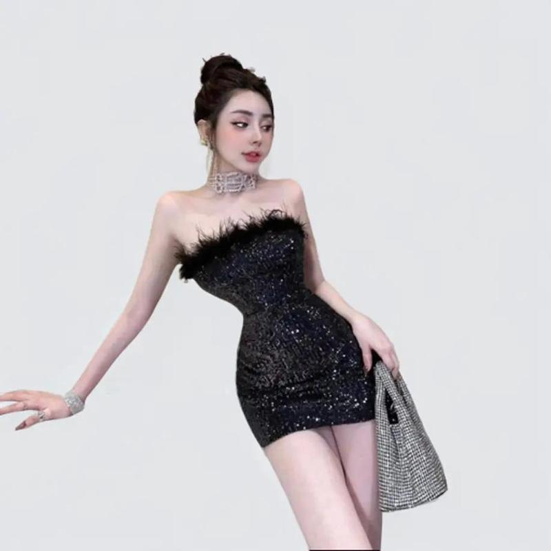 [có ảnh feedback] Đầm body nữ lông vũ lấp lánh dự tiệc - cà phê - tiệc tùng - checkin sang chảnh Women Dress. Đủ size XS/S/M/L/XL. váy body kim tuyến 5