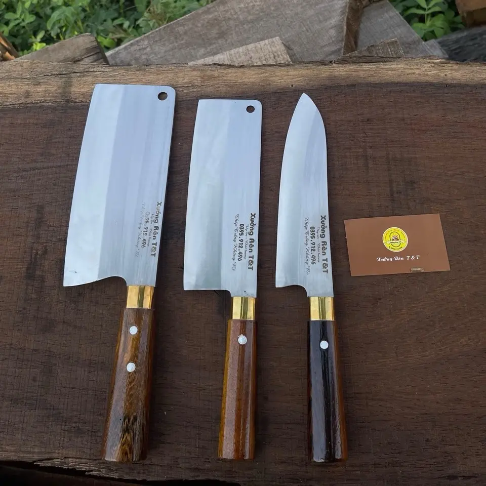 Bộ 3 dao chặt-thái-lọc sống thẳng{hỗ trợ khắc tên theo yêu cầu miễn phí }làm từ thép 440C cán muồng tây bắc