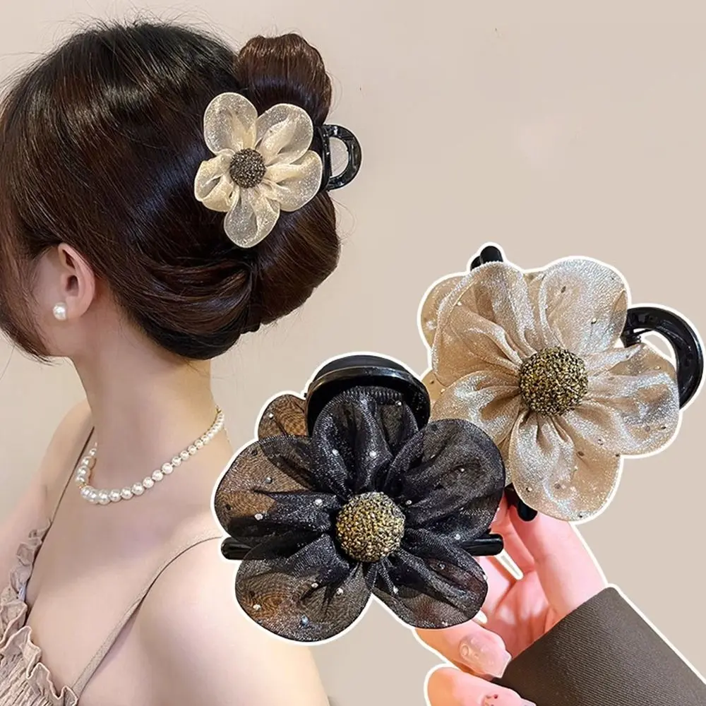 Fashion Mesh Rhinestone Hair Claws Hair Clips Simple Temperament Elegant Hairpin Shark Clips Hair Accessories Multifunctional Claw Clamp for Women