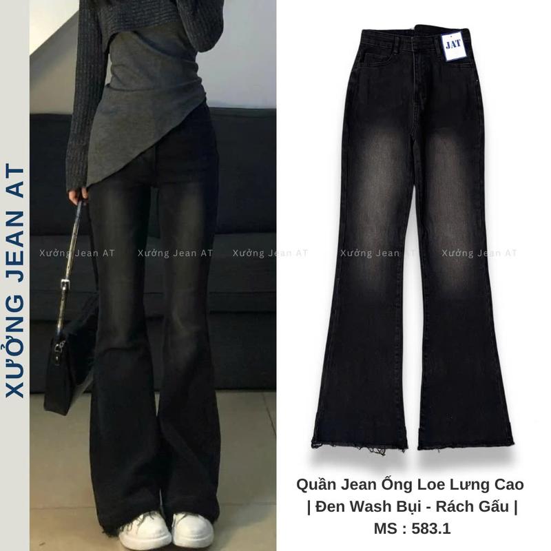 Quần Jean Ống Loe Lưng Cao Đen Wash Bụi Rách Gấu Phong Cách Hàn Quốc Trẻ Trung 583.1 5