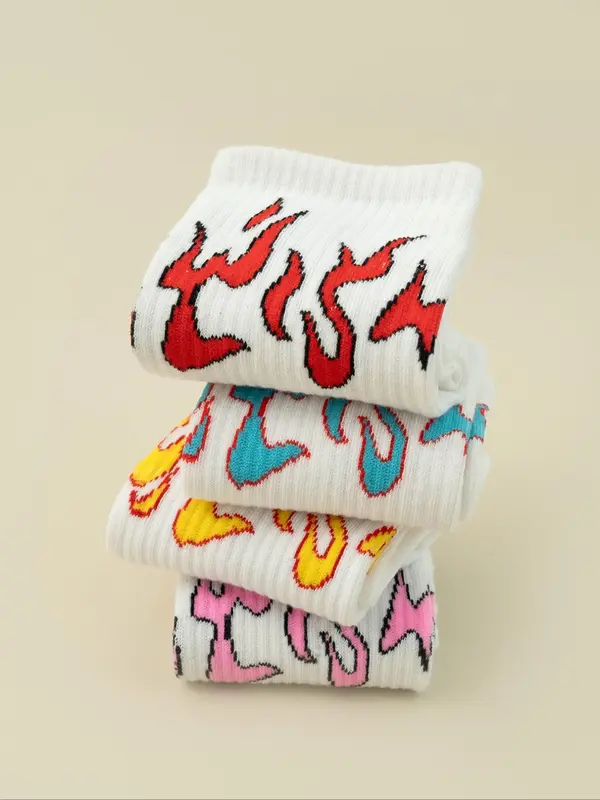 Men's Flame Print Crew Socks, Casual Comfy Breathable Socks, Multipack Socks for All Seasons 1