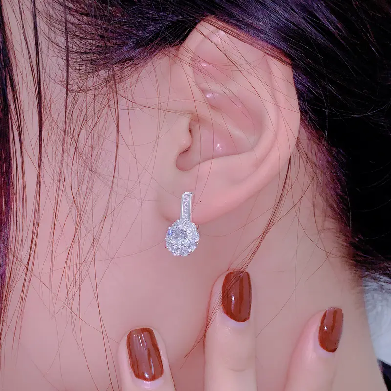 Bông tai Bạc kiểu bật Hình hoa viền 9 viên đá nhỏ chui đính đá dài - GSJ - E3109401 3