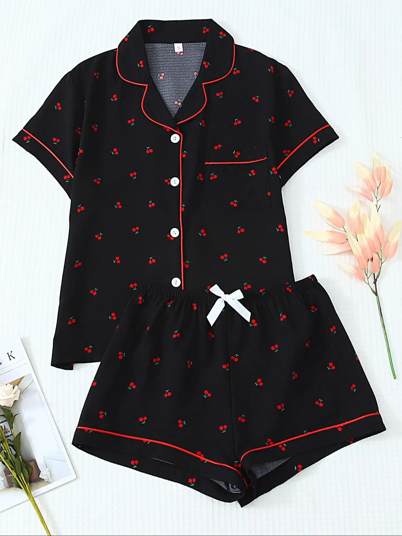 Women's All Over Cherry Print Shirt & Shorts Pyjama Two-piece Set, Casual Comfy Short Sleeve Collared Top & Shorts PJ Set, Ladies Summer Sleepwear, Loungewear
