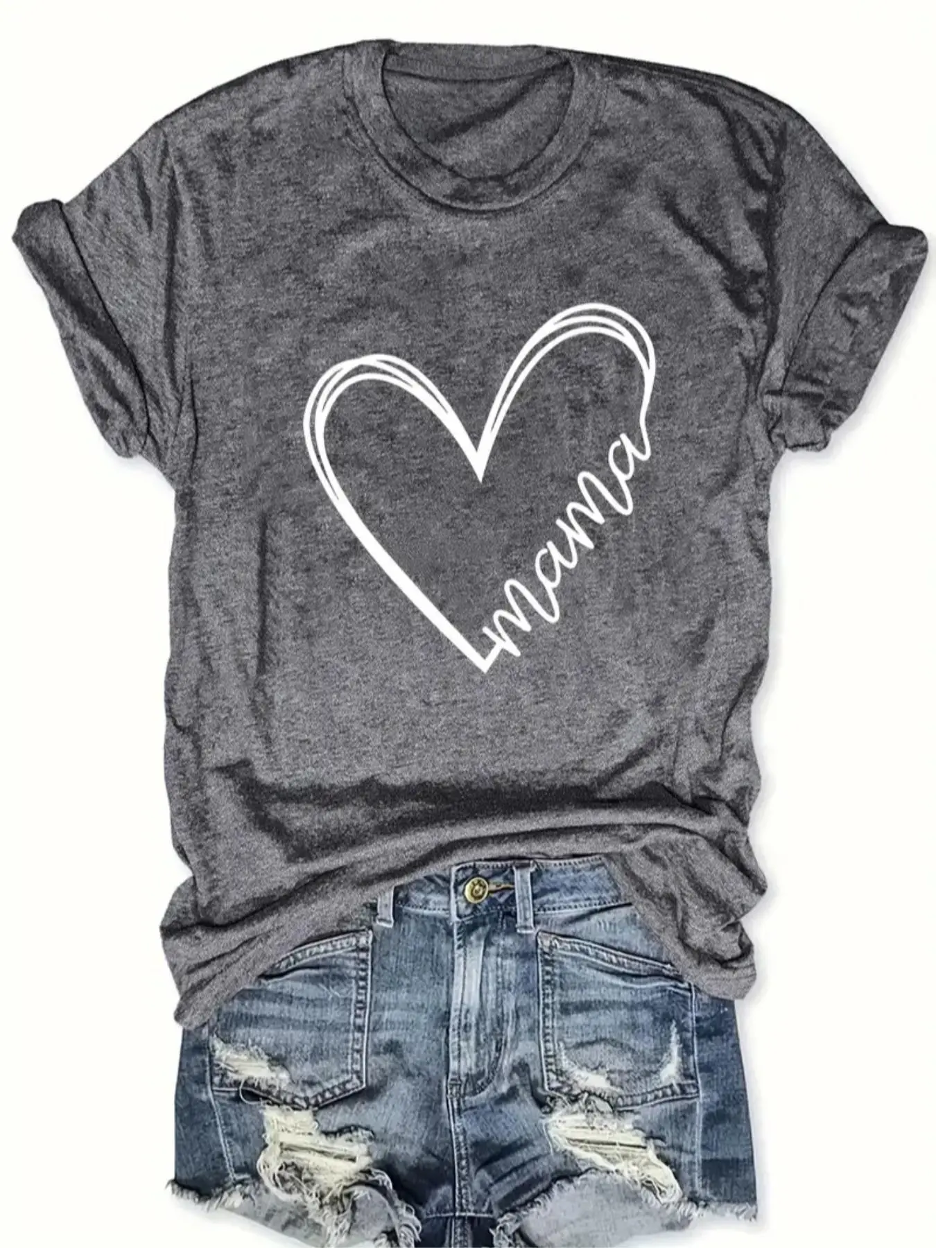 Women's Heart & Letter Print Round Neck Tee, Casual Short Sleeve Crew Neck T-shirt for Summer, Fashion Women's Top for Daily Wear