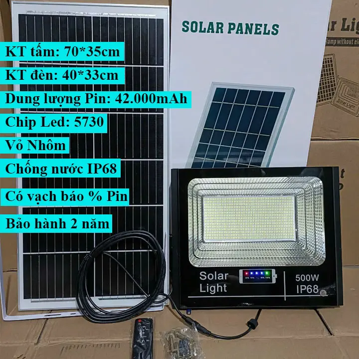 Đèn pha năng lượng mặt trời 500W, Vỏ nhôm, Chip LED 5730, Chống nước, Bảo hành 2 năm den  phan 0