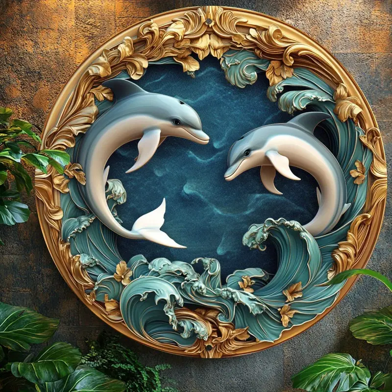 Vintage Dolphin Aluminum Wall Sign - 20x20cm/30x30cm Round Metal Decor for Home, Office, Kitchen & Living Room - Perfect Gift for Holidays & Special Occasions