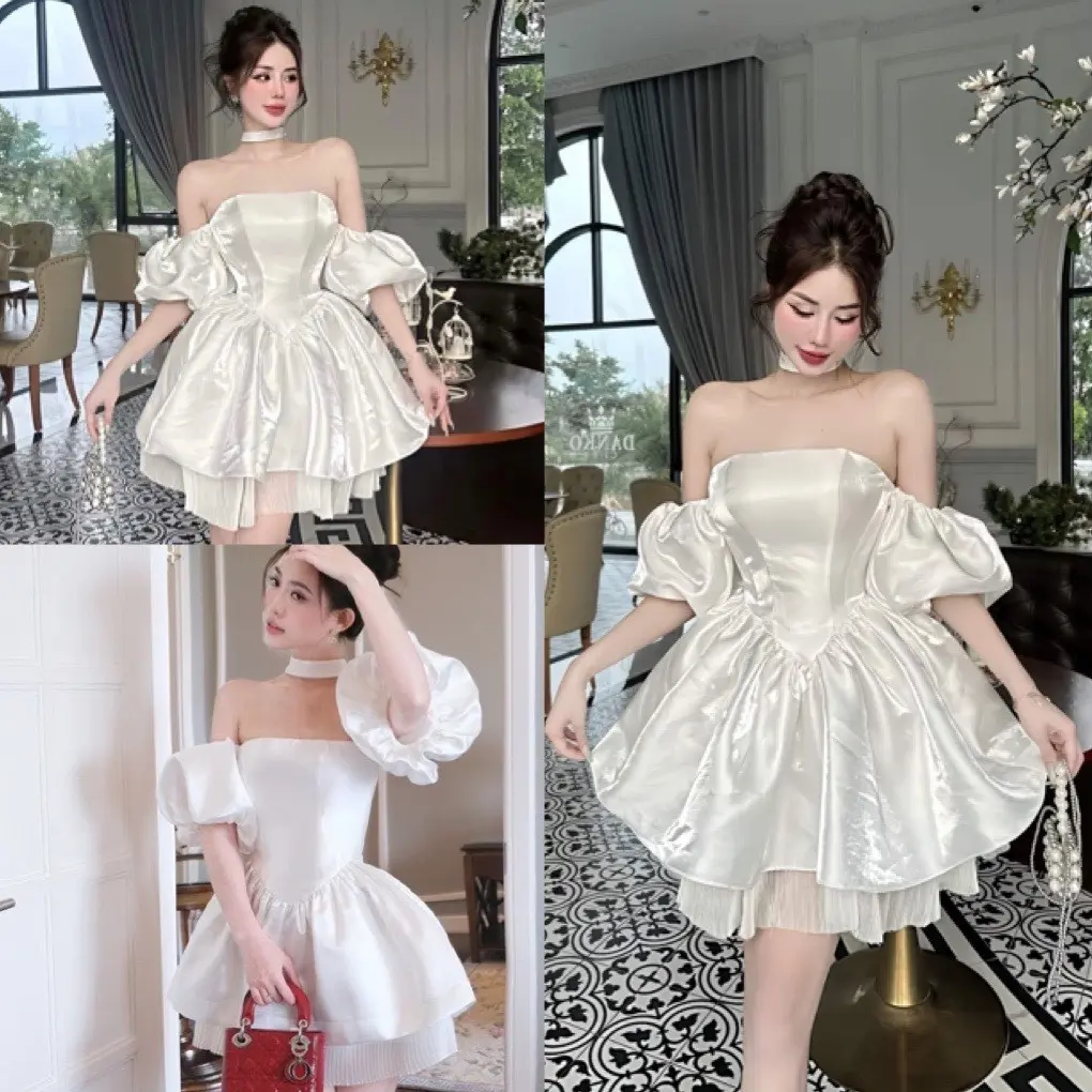Váy công chúa tay bồng trễ vai cúp ngực xoè dập ly dưới kèm dây cổ chất tafta, Đầm trắng dự tiệc sang chảnh, CACA SHOP