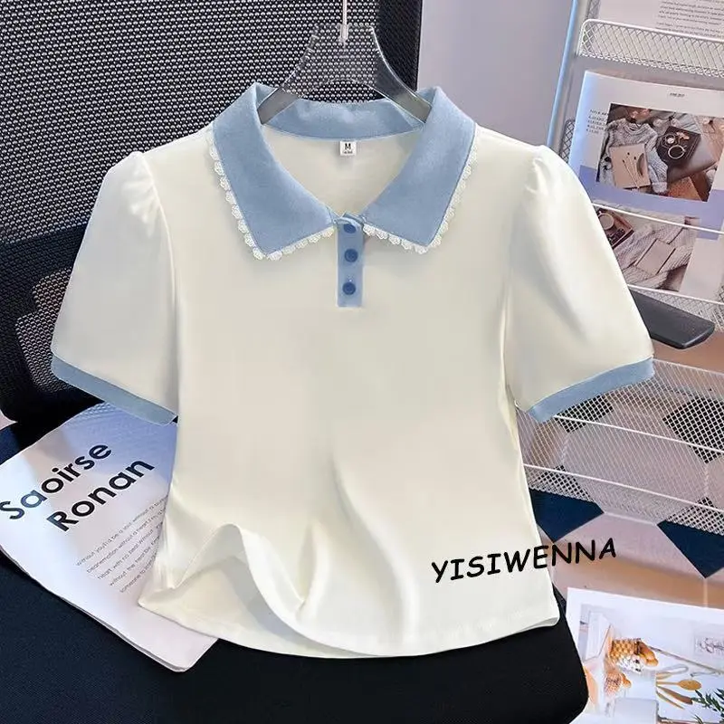 Áo Thun Cotton Nguyên Chất Ngoại Cỡ, Vai Thường, ngắn Tay Áo, Dành Cho Nữ, Hàng Mới Về Mùa Hè 2025, Áo Cổ Búp Bê Giả Hai Lớp, Áo Polo Sành Điệu