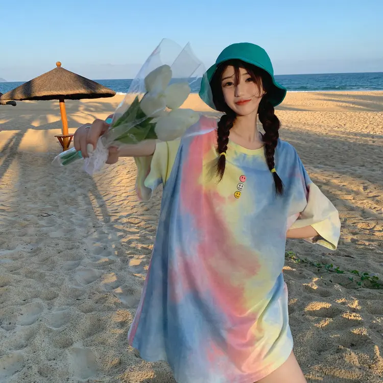 Áo Thun Ngắn Tay Tie-Dye, Phổ Biến Ở Thái Lan, Dành Cho Phụ Nữ Vào Mùa Hè, Thiết Kế Đẹp, Thương Hiệu Thời Trang Mỹ Độc Đáo Dáng Rộng Và Ngoại Cỡ, Áo Trên