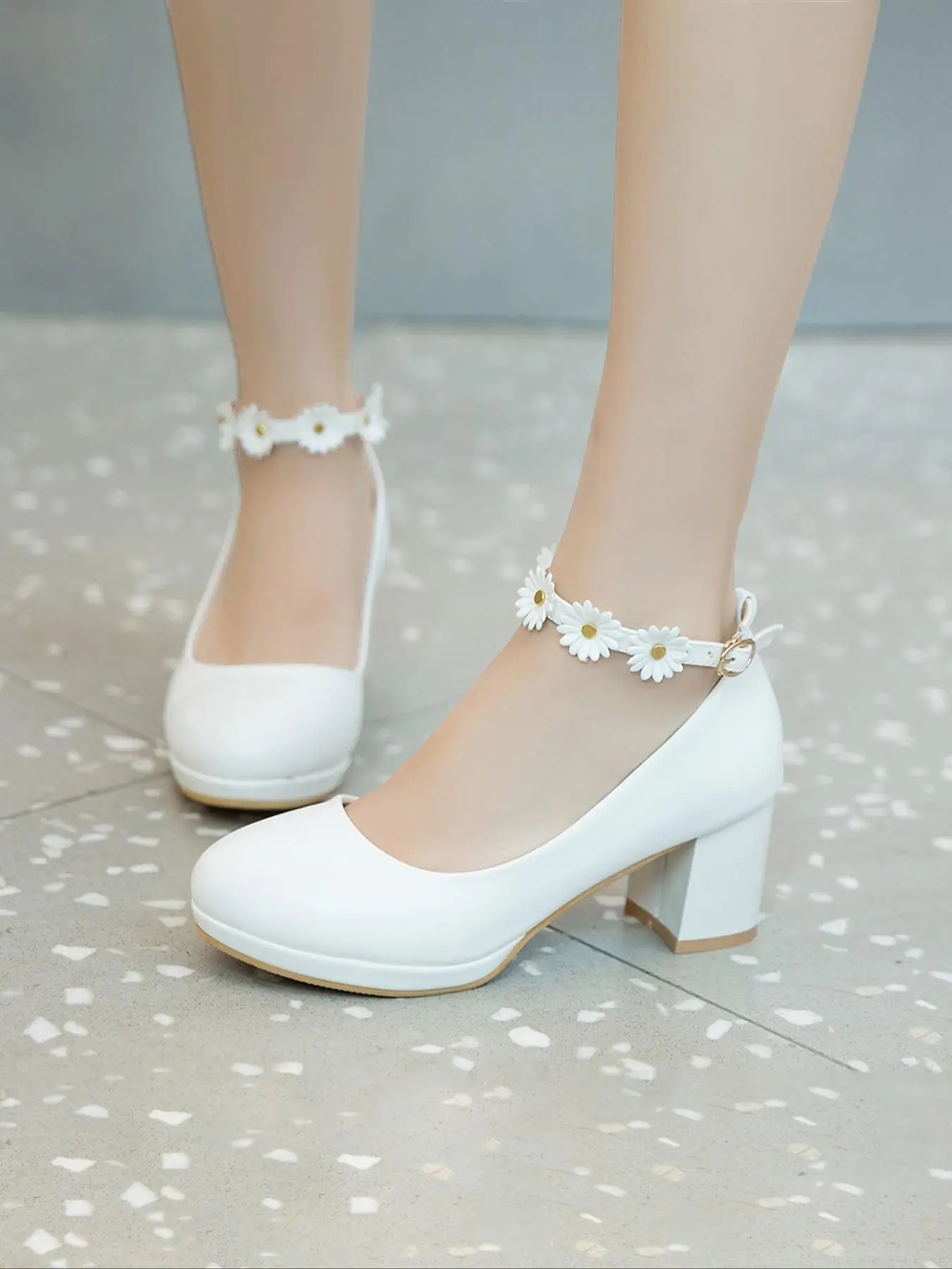 Women's Cute Daisy Design Ankle Strap High Heels, Elegant Comfortable Thick Heel Shoes for Party, Daily Clothing Decor for Women & Girls, Fashion