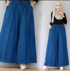 Celana Jeans Polos Karet Nyaman Panjang Santai Wanita Melar Kaki kulot jumbo Pinggang Full Karet Saku Kanan Kiri Bahan Halus Cocok untuk Santai atau Hangout