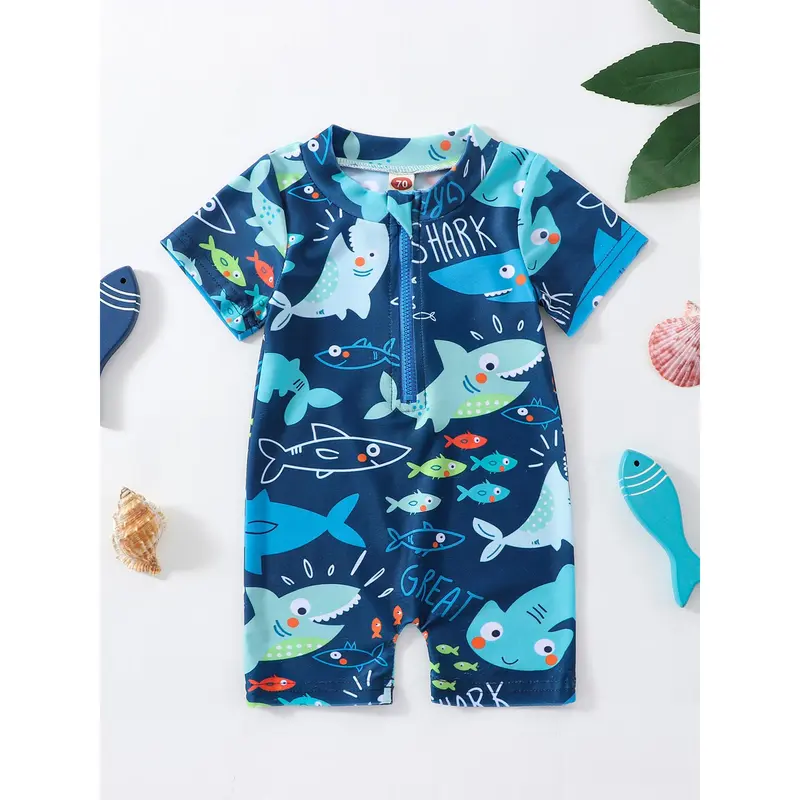 Áo Tắm Mùa Hè, Cho Bé Trai, Phong Cách Thường Ngày In Hình Cá Mập, ngắn Tay, Áo Jumpsuit Quần Có Khóa Kéo, Đồ Bơi, Đồ Đi Biển 1