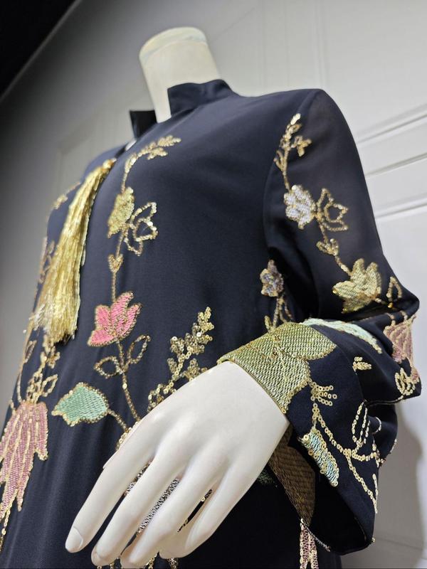 Arabic Clothing-Floral Contrast Sequin Fringe decor Notched Dress, Elegant Long Sleeve Arabian Dress for Women, Muslim Fashion for Party Holiday Vacation 5