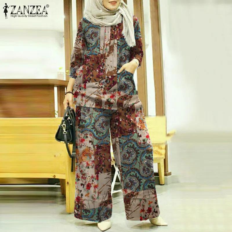 Product Introduction of ZANZEA Womens Muslim Cotton Printed Outfits 3/4 Sleeve Blouse Wide Leg Long Pants Loose Set Suit 10