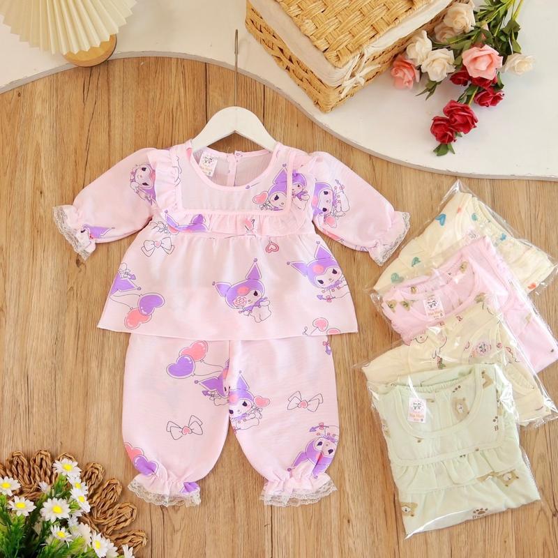 Combo ba bộ quần dài + áo dài tay bằng vải cotton hàn (nhiều màu sắc và họa  tiết giao ngẫu nhiên) mềm mịn cho bé gái 7kg-13kg (dưới 3 tuổi) máy có thể giặt được đồ ngủ gioi pi jamal set đồ Kem