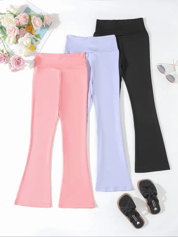 Girl's 3 Counts Solid High Waist Flare Leg Pants, Casual Comfy Bell Bottom Trousers for Daily Wear, Kids Bottoms for Summer 1