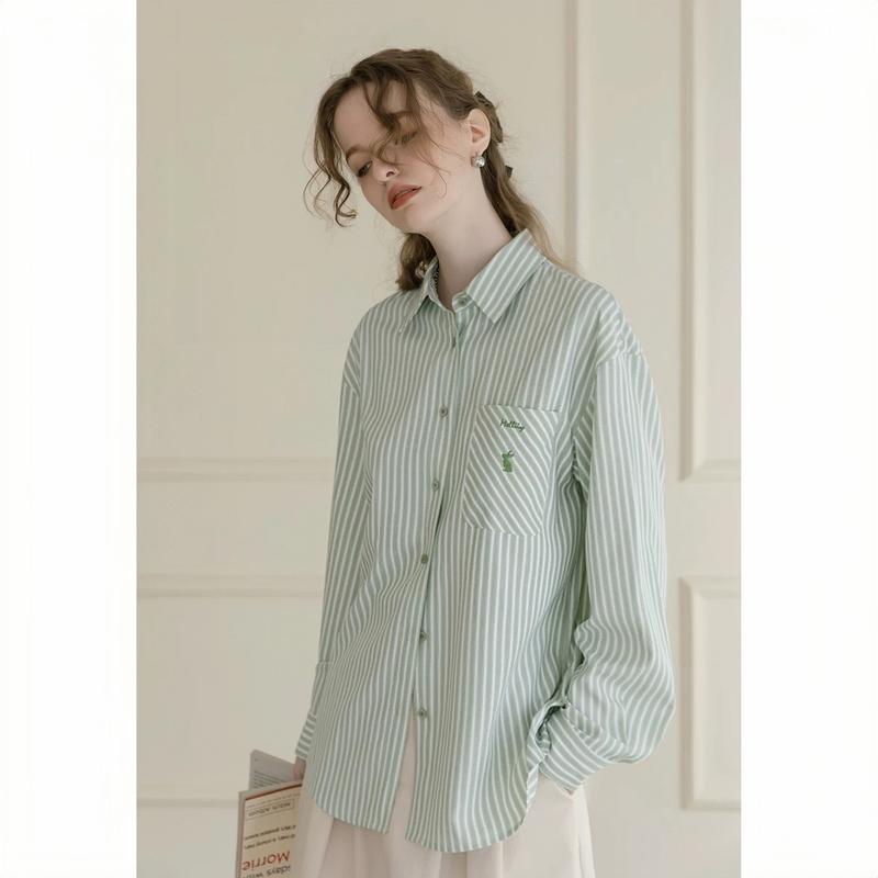 XẢ KHO NGHỈ BÁN Áo sơ mi kiểu nữ chất thô hàn thêu thỏ có túi form rộng dài tay họa thiết kẻ sọc 8826 kozoda SM250 Top Women