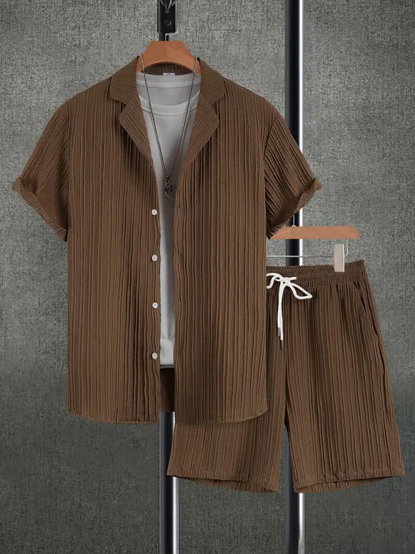 Men's Solid Short Sleeve Top & Shorts Set, Regular Fit Formal Shortsleeve Top & Shorts, Men's Summer Clothes, Sets for Men Clothing, Menswear, Suits, Summer Outfit Set, Casual Matching Set 4