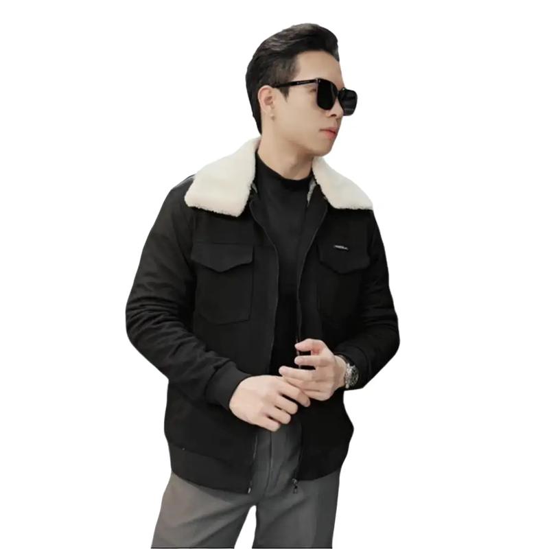 Áo khoac da lộn lót lông migdomo áo cổ lông Nam Menswear Jacket Đen Có Túi Kem