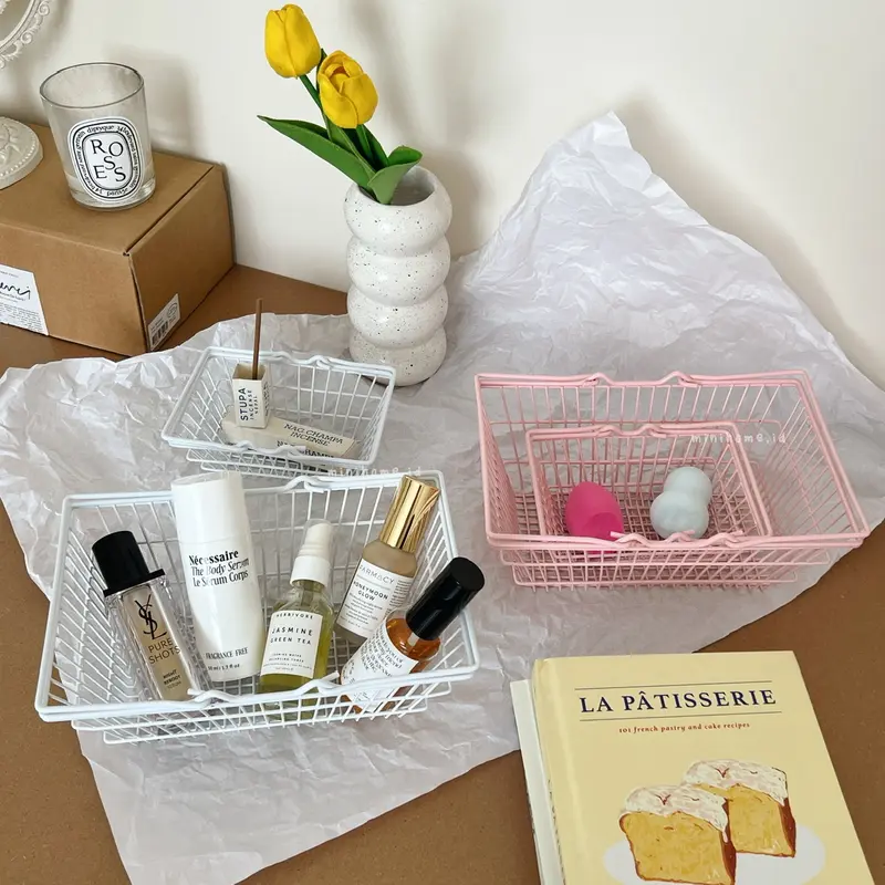 [MINIHOME] LULU Basket Keranjang Mini Trolley Aesthetic Keranjang Kecil Dekorasi Rumah Korean Home Décor Organizer Tempat Penyimpanan Minimalis Stainless Steel Korea Keranjang Buah Belanja Makeup Pink Minihome 7
