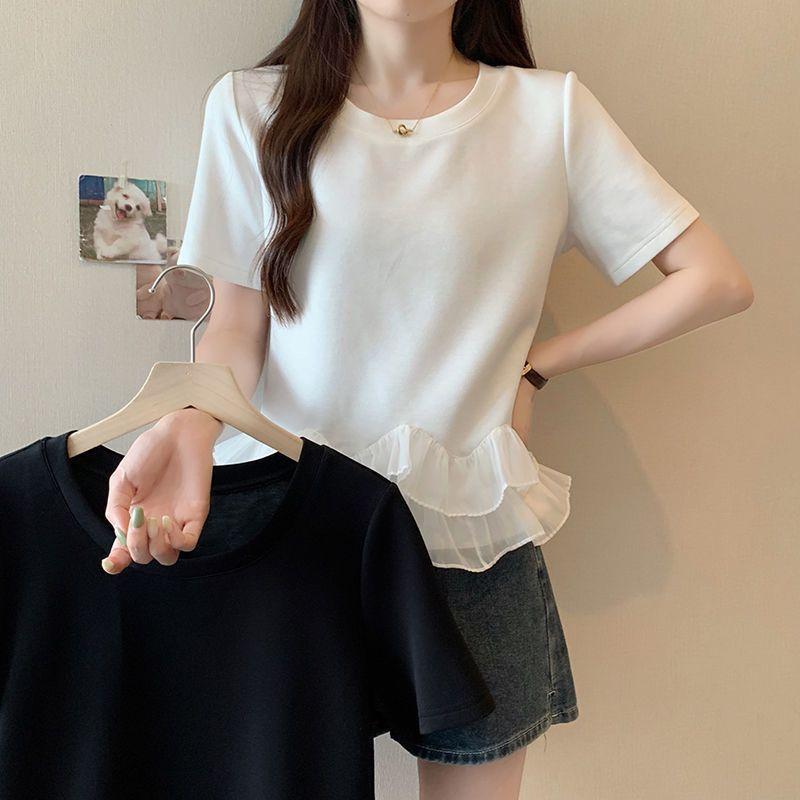 Áo Thun Ngắn Tay Chắp Vá Xếp Nhún Ngoại Cỡ Dành Cho Nữ, Dáng Rộng Vừa Vặn, Bó Sát, Ngoại Cỡ, Thích Hợp Cho Mùa Hè 2024, Áo Bé Gái, Phong Cách Ins 1