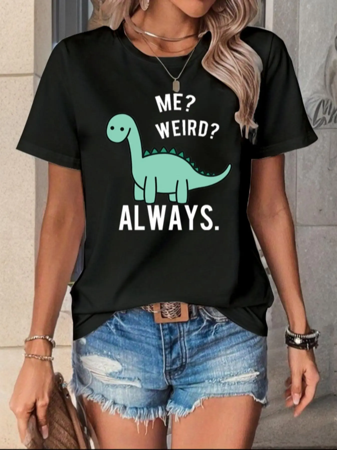 Women's Cartoon Dinosaur & Letter Print Round Neck Tee, Fashion Casual Crew Neck T-Shirt for Daily Holiday Vacation Outdoor Wear, Ladies Clothes for Summer
