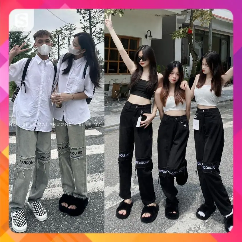 Quần bò ống rộng đi học phối tua Chữ Gối cực hot 2024, quần jean ống suông thời trang nam nữ unisex Thời Trang 310