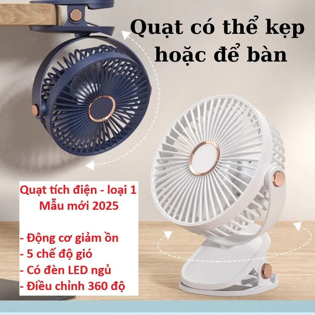 Quạt Kẹp Bàn Tích Điện Mini Đa Năng - 5 Tốc Độ Gió, Xoay 360 Độ -Pin 3600mAh- Mobile, Phụ Kiện [Hàng Loại 1]