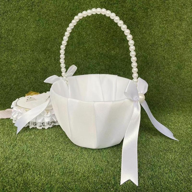 Product Introduction of Wedding Flower Basket, 1 Count Exquisite Faux Pearl Handle Flower Basket, Wedding Party Decoration Supplies for Indoor & Outdoor 10