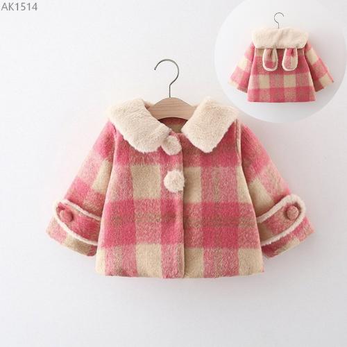 AK1514- Áo Khoác Dạ Họa Tiết Kẻ Hồng Cổ Chất Liệu Lông Tai Thỏ Cho Bé Gái Từ 10-20kg VP