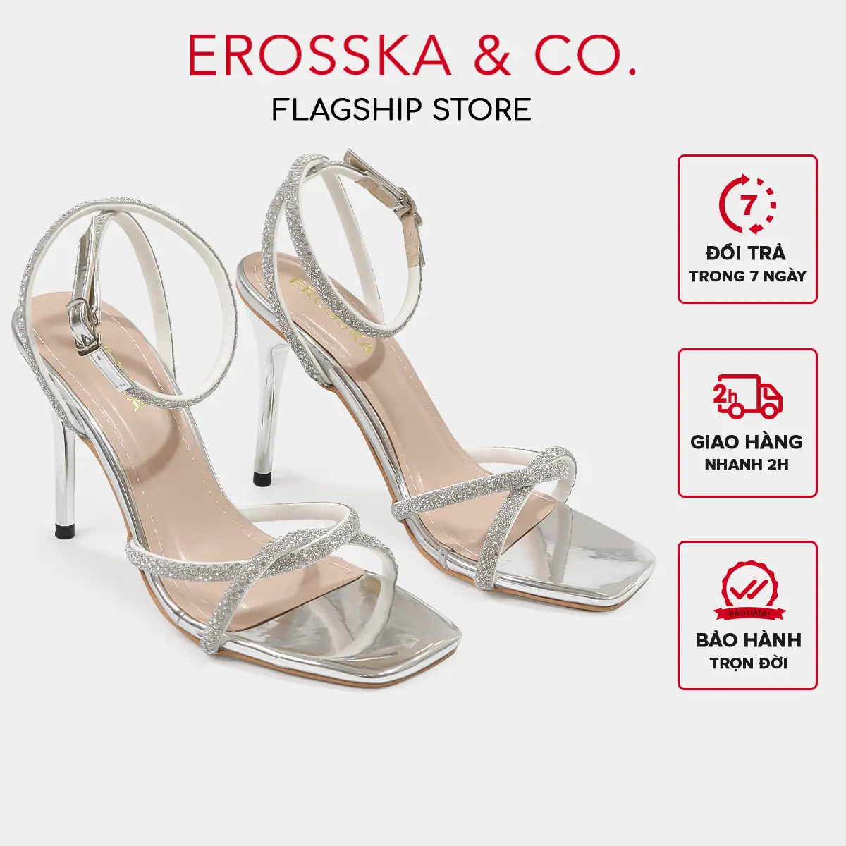 EROSSKA - Giày cao gót mũi vuông, sandal cao gót, gót nhọn dây mảnh đính đá thời trang cao 10cm [Form bé nâng 1 size] - EN015