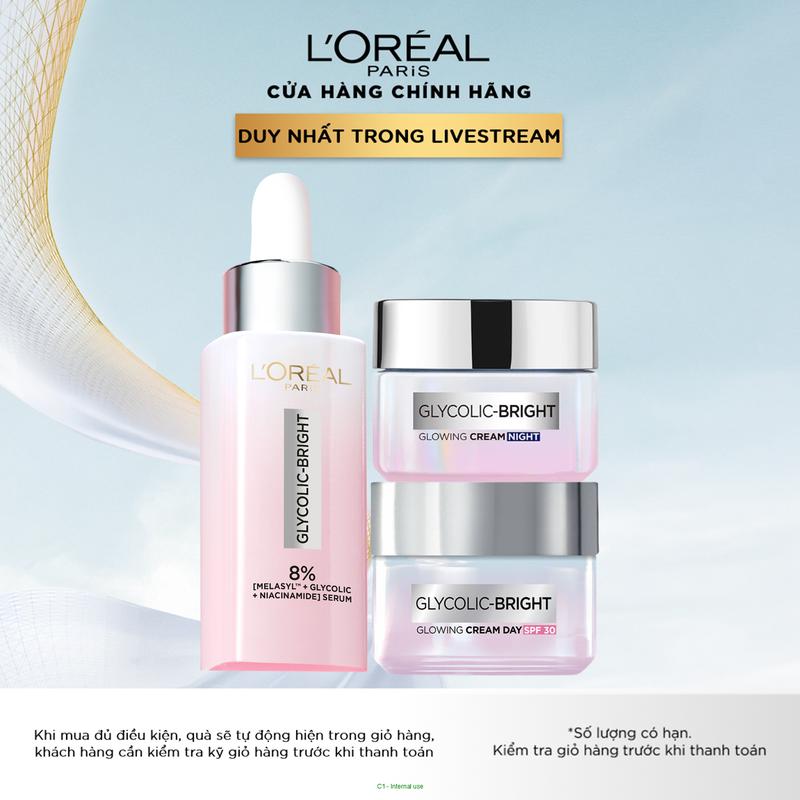 Bộ chăm sóc hỗ trợ dưỡng sáng da Serum Glycolic melasyl 8% & Kem ngày & Kem đêm Glycolic Bright L'Oreal Paris (30ml & 50mlx2)