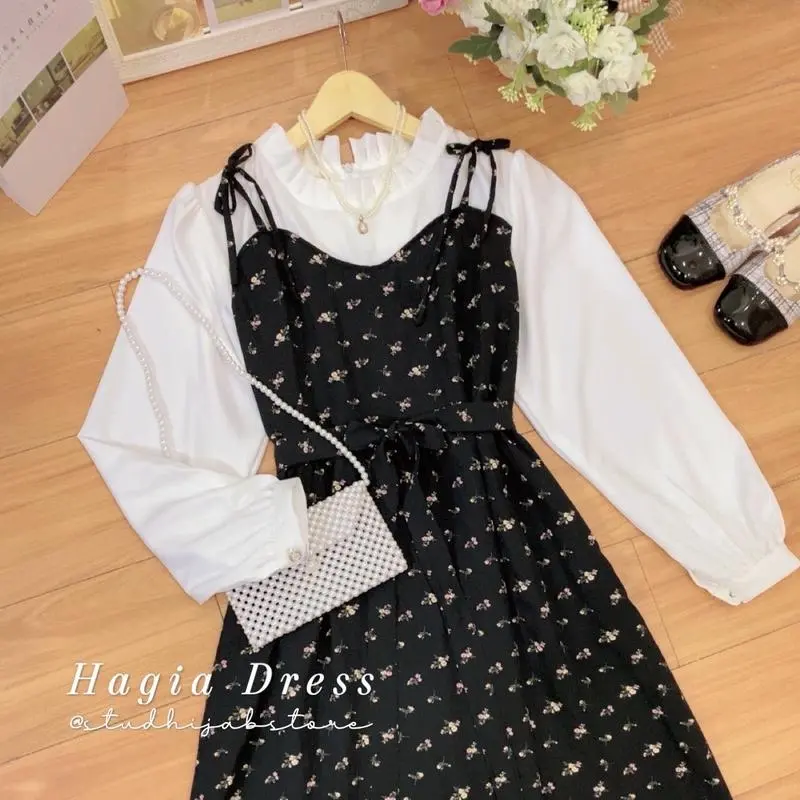 [7.7 BigSale] Hagia Overall Dress Bunga Muslim Cantik Motif Crinkle