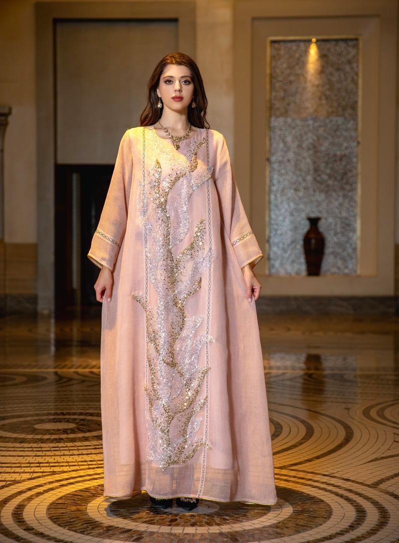 Product Introduction of Jalabiya Bersulam, Berkilauan, Untuk Acara Petang Muslim Wanita Dusty Pink 1