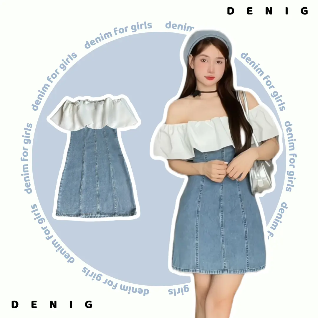 (Bản đỏ Giáng sinh) IRIS DENIM DRESS Đầm jean trễ vai bèo ôm dáng DENIG