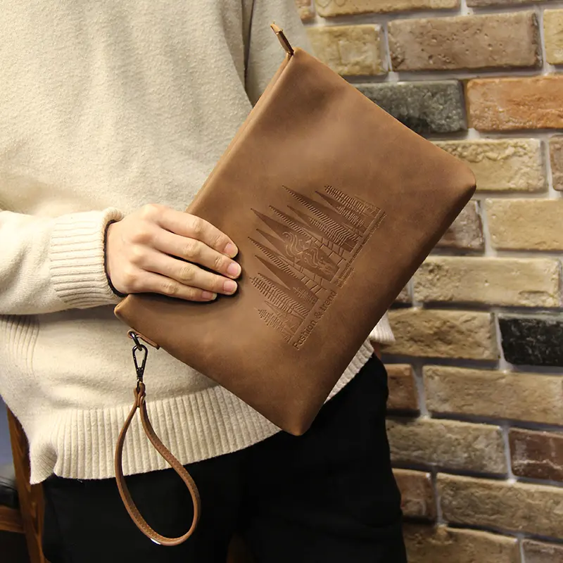 Men's Bag New Men's Handbag Large Capacity Handbag Letter Bag Soft Leather Casual Clip Bag Korean Crazy Horse Leather