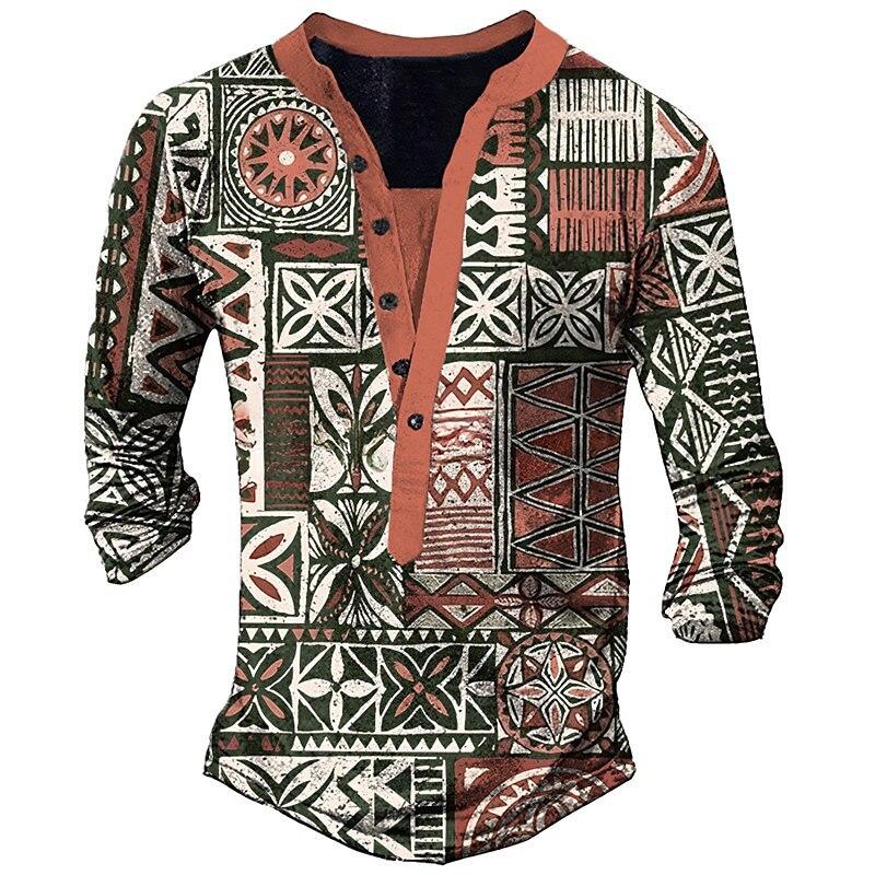 Product Introduction of 2023 retro men's 3D digital printing ethnic style fashion casual 6-button Henry collar long sleeve 2