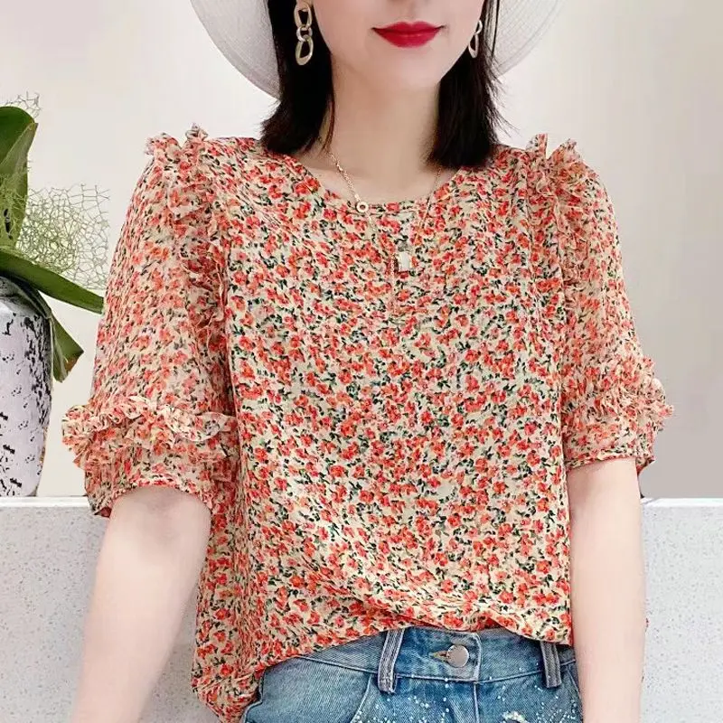Áo Voan, Hàng Châu Âu Mới Mùa Hè 2024, Thiết Kế Áo Cánh Hoa Xếp Ly Và Dáng Rộng Rãi, Dáng Ôm, Thời Trang Nữ Women