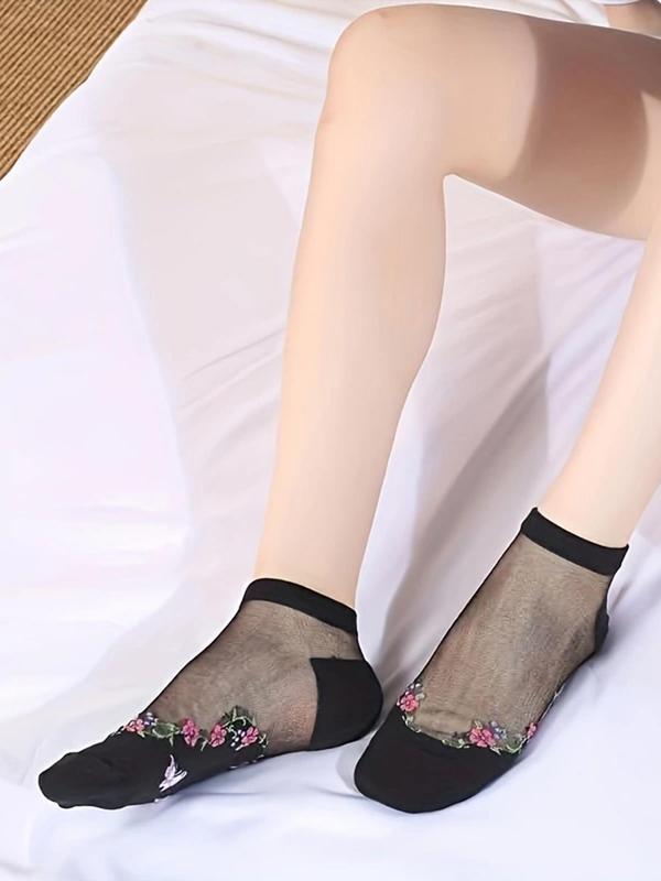 Women's 5 Pairs Floral Pattern Contrast Mesh Ankle Socks, Summer 2024 Fashion Casual Comfy Breathable Low Cut Socks For Daily Outdoor Wear, Women's Socks For Summer 3