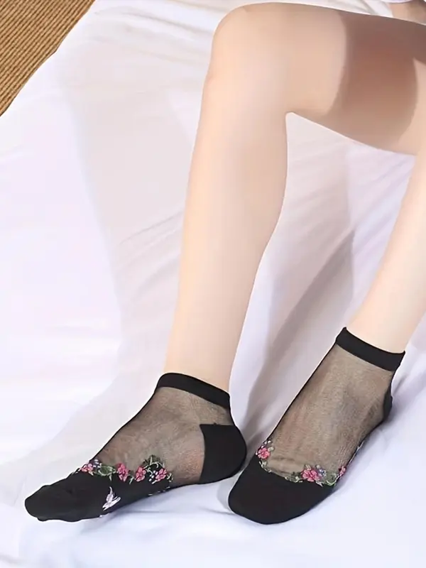 Women's 5 Pairs Floral Pattern Contrast Mesh Ankle Socks, Summer 2024 Fashion Casual Comfy Breathable Low Cut Socks For Daily Outdoor Wear, Women's Socks For Summer 3