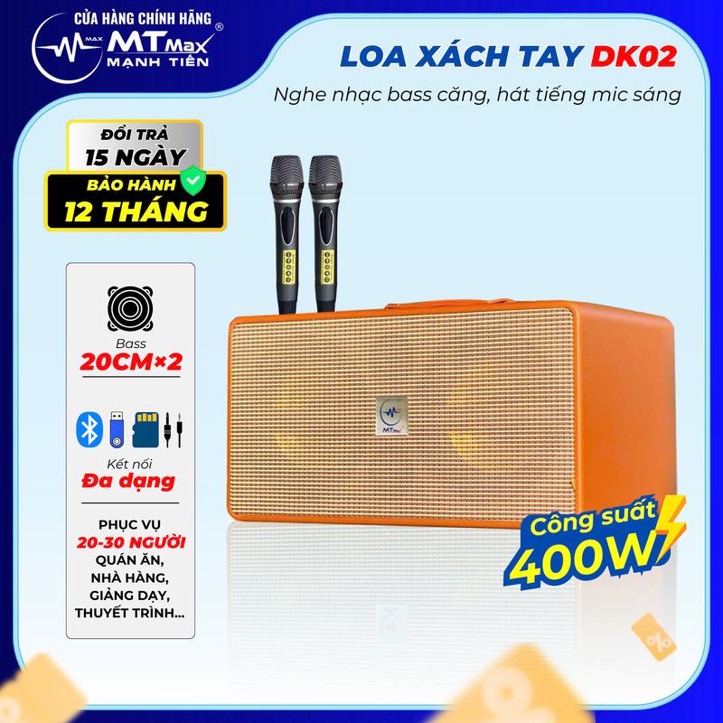 [MTMax] Loa Karaoke Xách Tay | MTMax DK02 | 400W | Bass Đôi 20CM, 2 Treble | Pin Li-on, Micro Vỏ Nhôm Sang Trọng Chống Hú, Bluetooth 5.0 | 10 Nút Chỉnh | Loa Karaoke Gia Đình, Du Lịch, ĐI Chơi | Dùng Thử 7 Ngày - Bảo Hành 12 Tháng